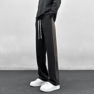 潮流简约垂感条纹直筒织带宽松休闲运动长裤 子男士 百搭潮裤 早春款