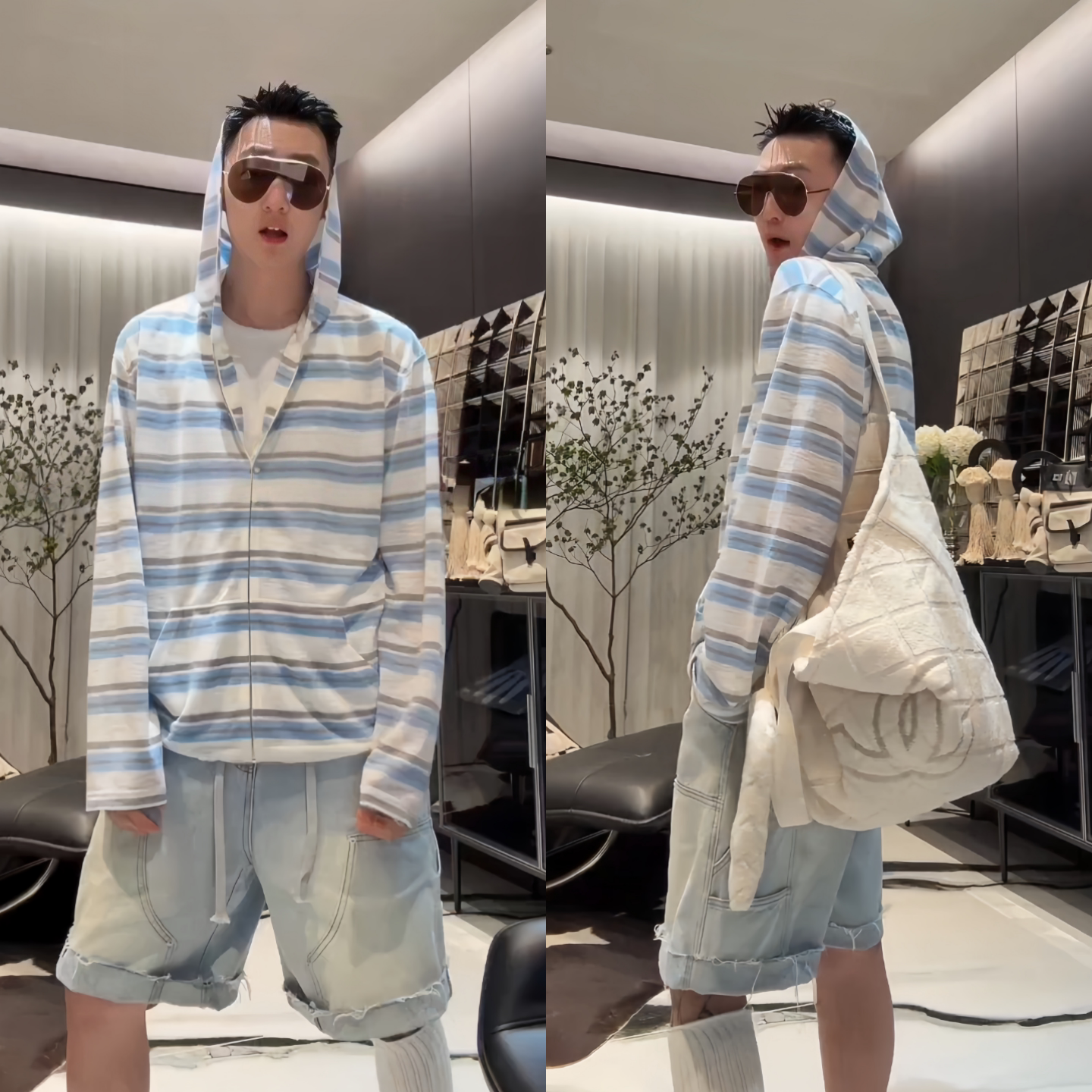 男夏季时尚潮流新款轻薄透气简约条纹帽衫复古撞色松弛感条纹上衣