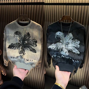欧货潮牌秋季长袖新款花卉图案男款亮闪破洞上衣爆款轻奢圆领卫衣
