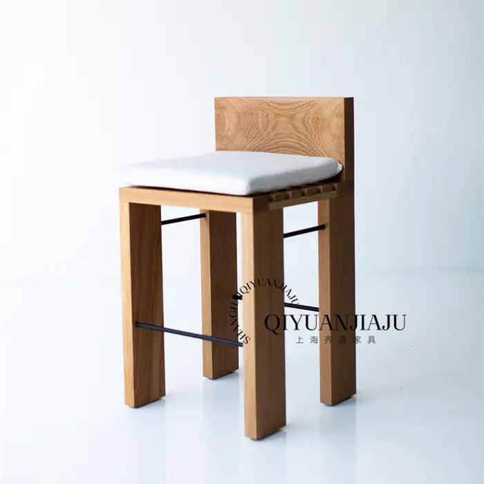 复古侘寂风设计师岛台椅中古原木吧台椅面包吧凳布艺高脚椅靠背75