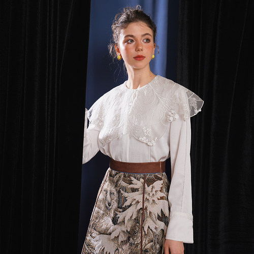 咖沫原创藤蔓花边重工刺绣大翻领白衬衫法式复古减龄甜美少女上衣