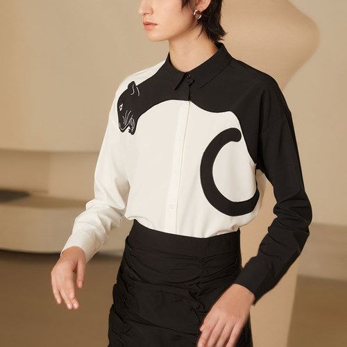 咖沫原创设计撞色长袖衬衫修身