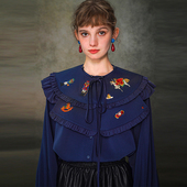 咖沫原创设计刺绣衬衫 法式 复古庄园宽松可拆卸披肩上衣2023秋冬女
