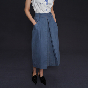 小众雅知性女裙 新款 咖沫原创花瓣结构款 复古牛仔蓝剪裁半身裙夏季