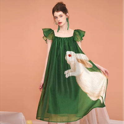 咖沫原创兔子图案飞袖连衣裙