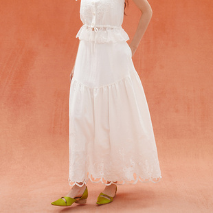 咖沫 原创法式复古长裙 白色镂空重工刺绣花边肌理垂感大摆半身裙