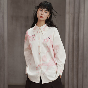 咖沫原创手绘粉红豹印花衬衫小众复古设计师款翻领长袖宽松上衣