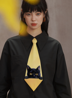 咖沫原创黑猫复古印花领带黄色短款箭头形配饰女装新品领结礼物