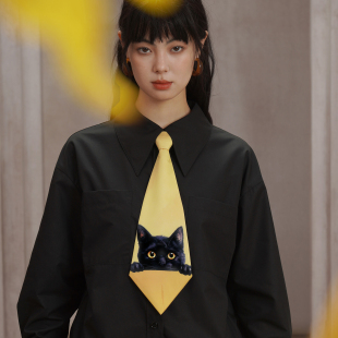 新品 领结礼物 箭头形配饰女装 咖沫原创黑猫复古印花领带黄色短款