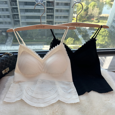 2025新款法式无痕蕾丝吊带背心女薄款带胸垫内搭可外穿美背文胸罩