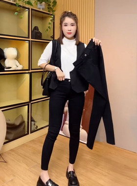 欧货秋季2024新款黑色打底裤女外穿高腰弹力小脚裤小猫裤子魔术裤