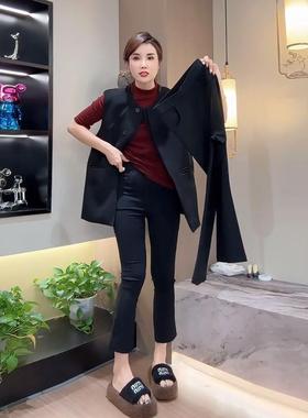 欧货2025年夏季新款九分黑色微喇叭纸皮裤弹力高腰显瘦休闲面膜裤