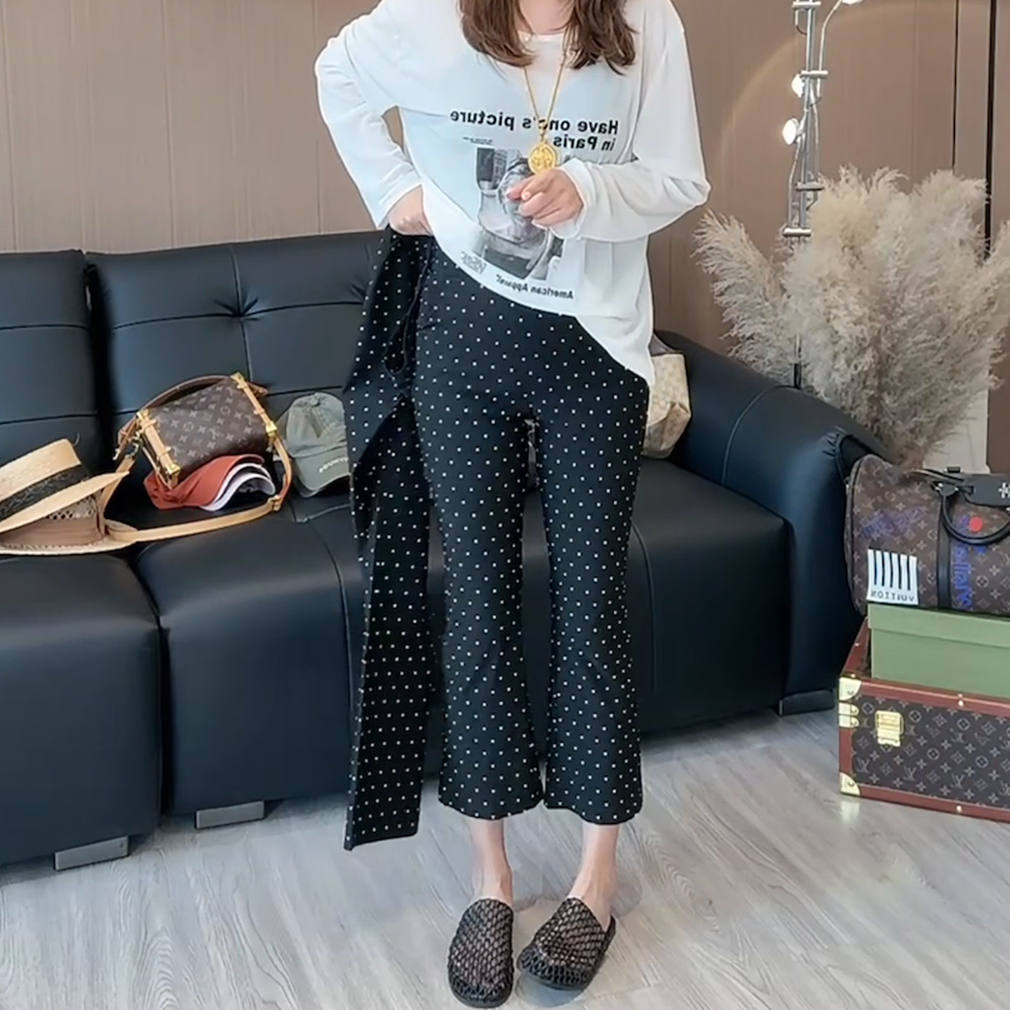 高腰弹力九分波点微喇纸皮裤女夏图片
