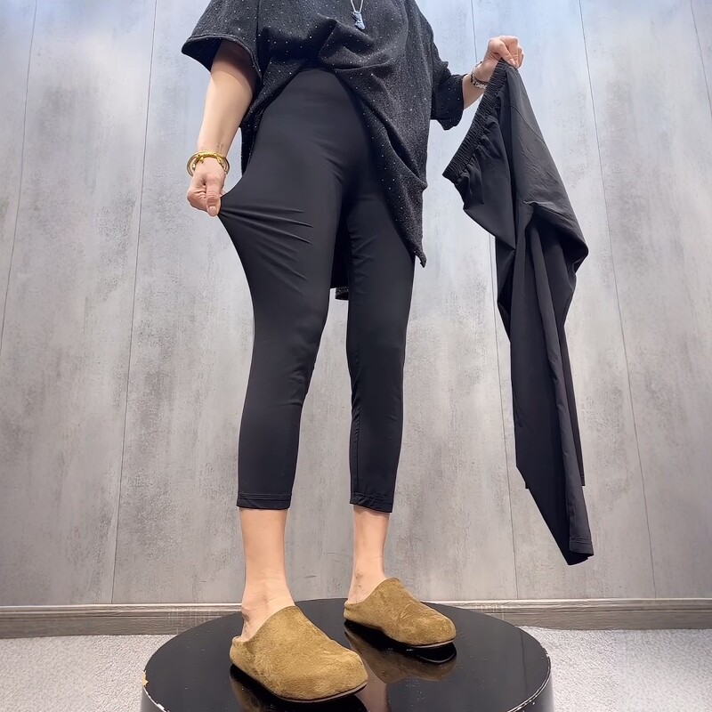 欧货新款八分高腰弹力显瘦后砸线纸皮裤女外穿打底裤小黑裤面膜裤