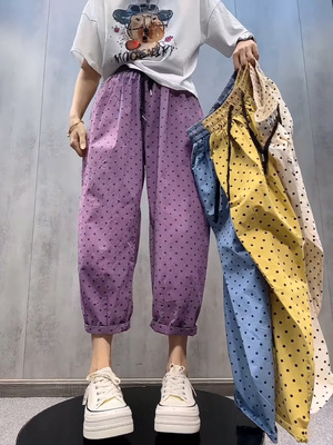 欧货薄款洗水棉波点老爹休闲裤女