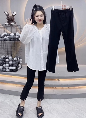 欧货微喇叭开叉纸皮裤女夏薄款八分高腰黑色烟管裤显瘦速干面膜裤