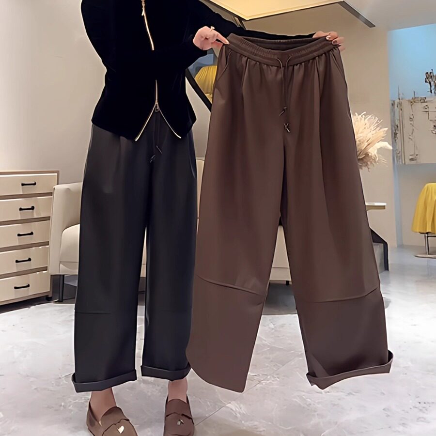 巨显瘦遮腿型蛋白皮裤简约阔腿裤