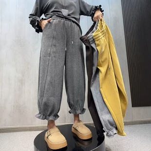 欧货甜椒花边裤女2025秋冬新款加绒灯笼裤宽松显瘦九分休闲阔腿裤