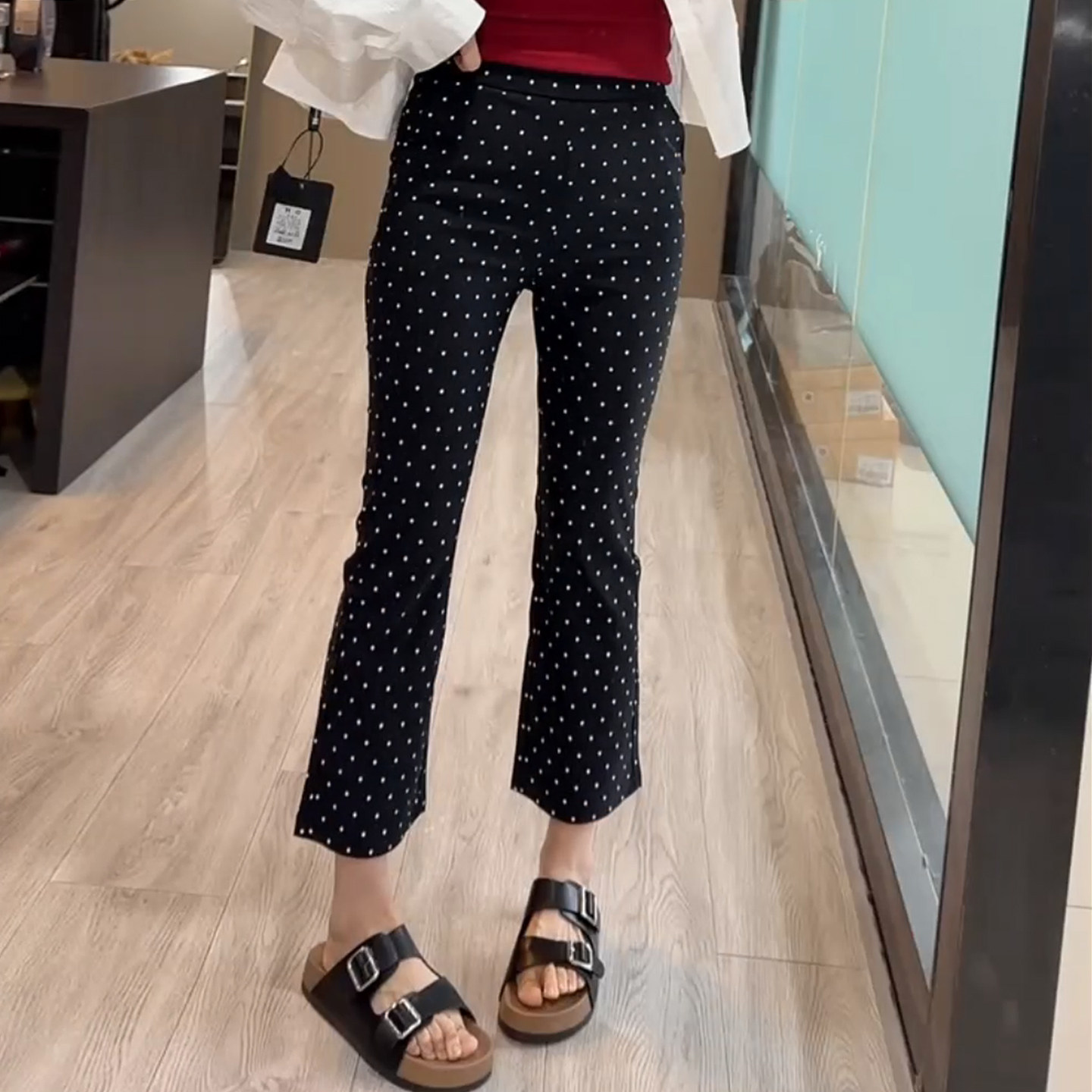 欧货薄款波点微喇裤面膜裤女夏高腰显瘦弹力黑色速干裤九分纸皮裤