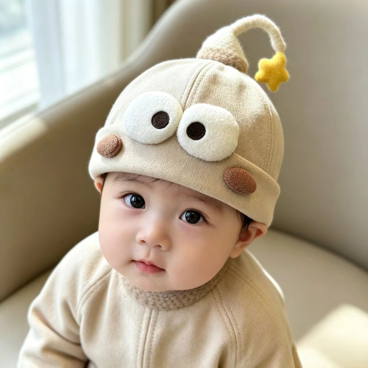 春秋宝宝卡通大眼睛瓜皮帽幼儿可帽子
