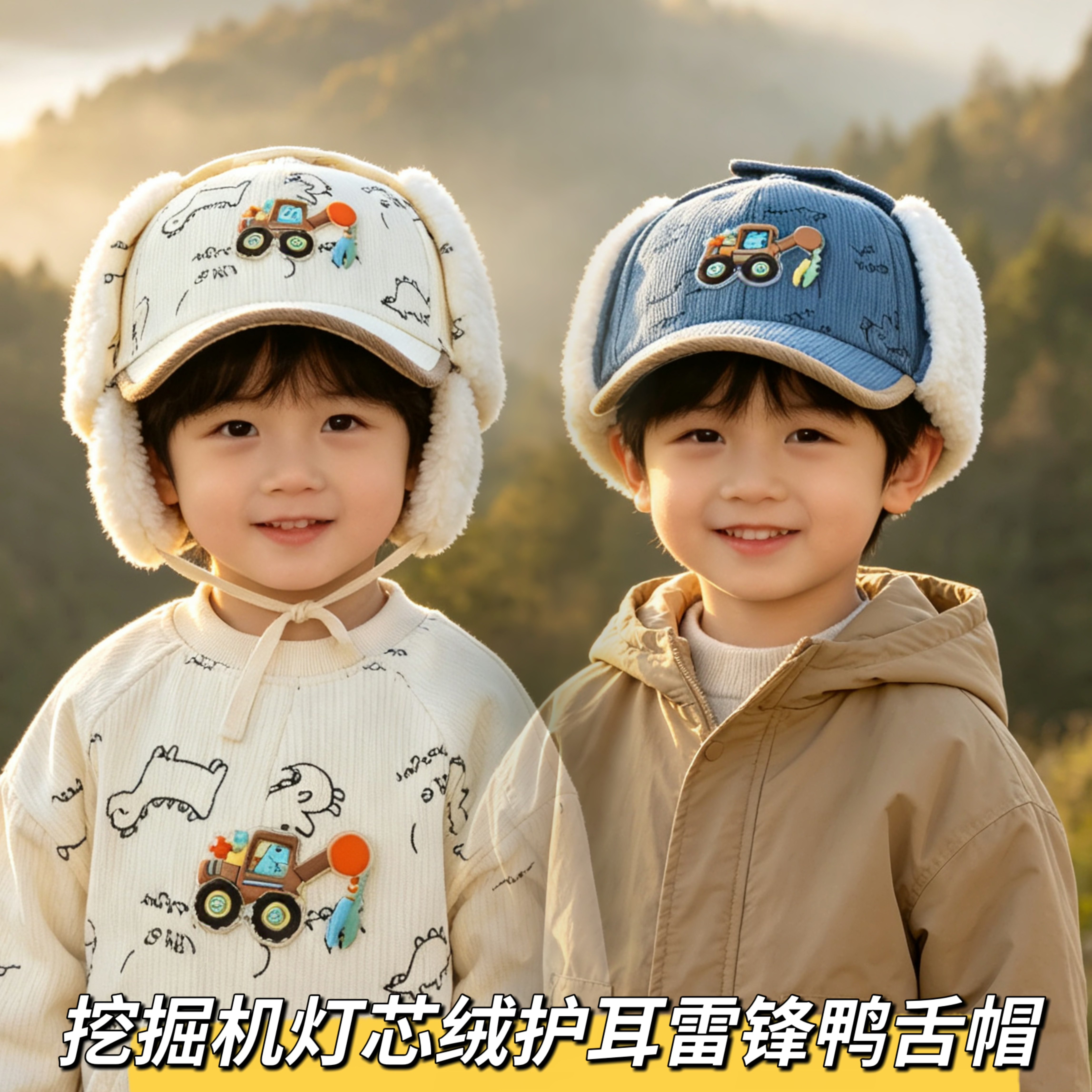 儿童灯芯绒恐龙刺绣护耳棒球帽图片