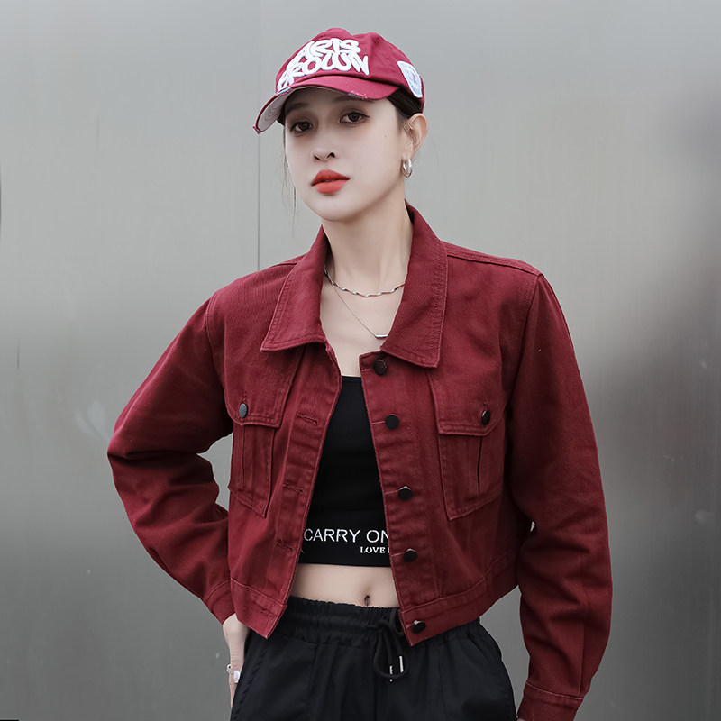 小个子短款牛仔外套女酒红色