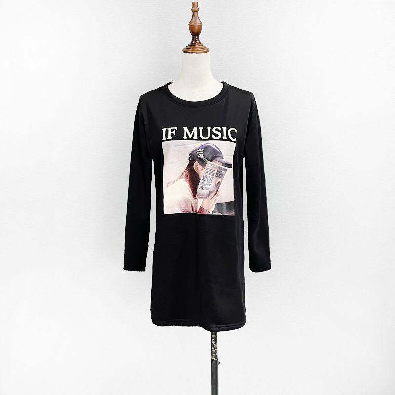 加绒加厚针织连衣裙秋冬厚款胶浆印花时尚长袖圆领直筒裙子中长款