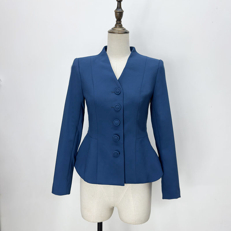 蓝色西装外套小个子春秋新款V领长袖修身休闲气质时尚职业西服S码