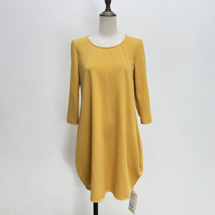 春秋薄款 显瘦气质套头宽松简约纯色茧型裙 浅黄色针织连衣裙七分袖
