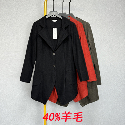 羊毛呢外套春秋薄款桔红色韩版宽松休闲时尚西装黑色呢子中长风衣