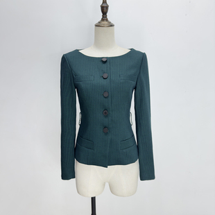 小个子一字肩西装外套春薄款长袖细格子收腰职业通勤暗红色短西服