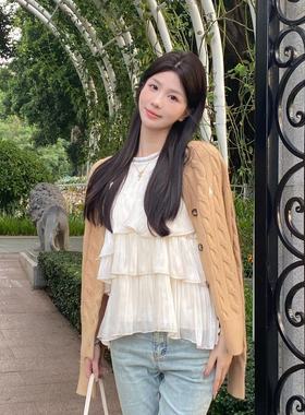 90%羊毛%10羊绒RL拉夫赵露思同款圆领针织开衫外套麻花毛衣女