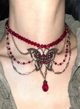 个性暗红串珠项链蝴蝶流苏锁骨链