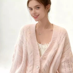 甜美色淡粉温柔风开衫宽松减龄针织上衣外套穿