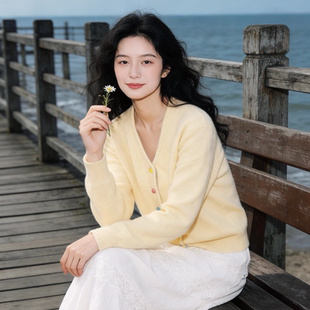 香草奶黄系秋冬氛围小众V领毛衣开衫 百搭慵懒针织衣 外套软糯新款