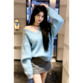 多巴胺慵懒蓝色V领针织毛衣宽松套头极简宽松上衣奶fufu打底衫