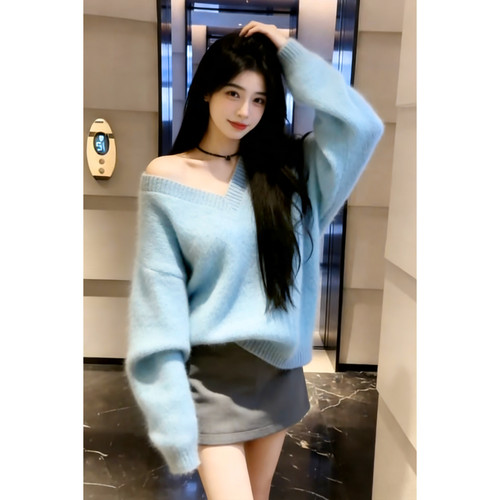 多巴胺慵懒蓝色V领针织毛衣宽松套头极简宽松上衣奶fufu打底衫