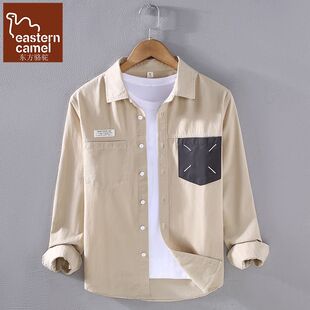 百搭上衣外套青年宽松纯棉衬衣 潮男装 东方骆驼感贴布休闲长袖 衬衫