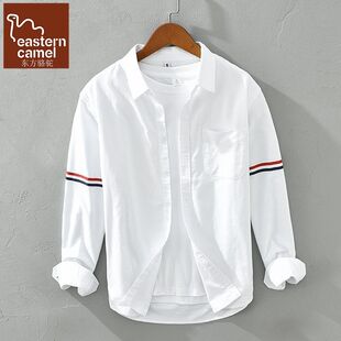 休闲白寸衫 东方骆驼日系潮流拼色长袖 春夏季 男士 宽松纯棉衬衣 衬衫