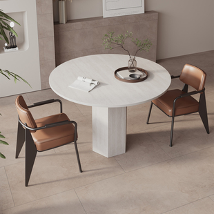 侘寂风圆桌设计师样板间高端桌子岩板圆形洞石岩板餐桌