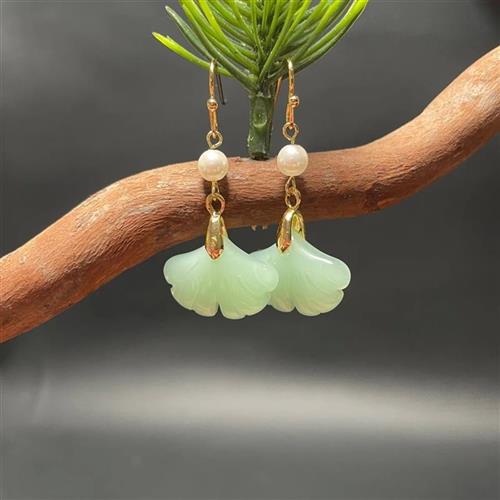 Retro Natural Green Jade Ginkgo Leaf Style Pearl Drop Earrin 饰品/流行首饰/时尚饰品新 耳环 原图主图