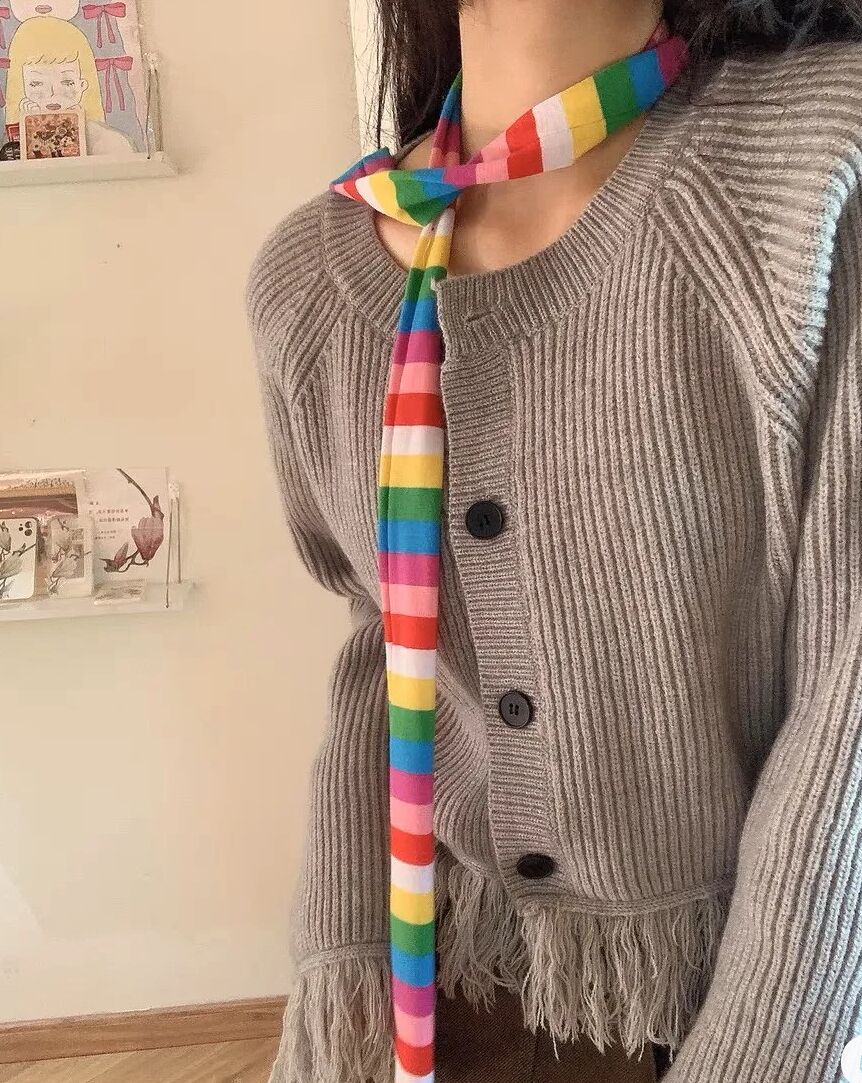 四季条纹Y2K千禧辣妹细围巾围脖