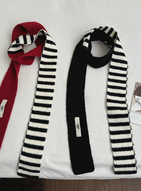 韩版红色撞色黑白条纹氛围感毛线针织细围巾日系百搭复古保暖围脖