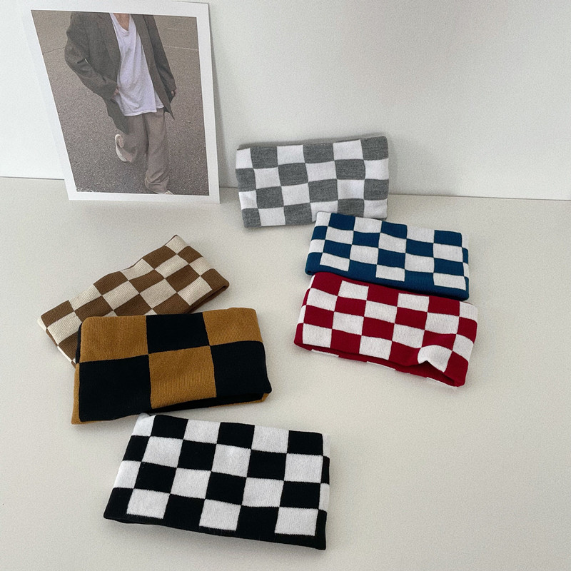 时髦个性棋盘格发带潮酷弹力针织