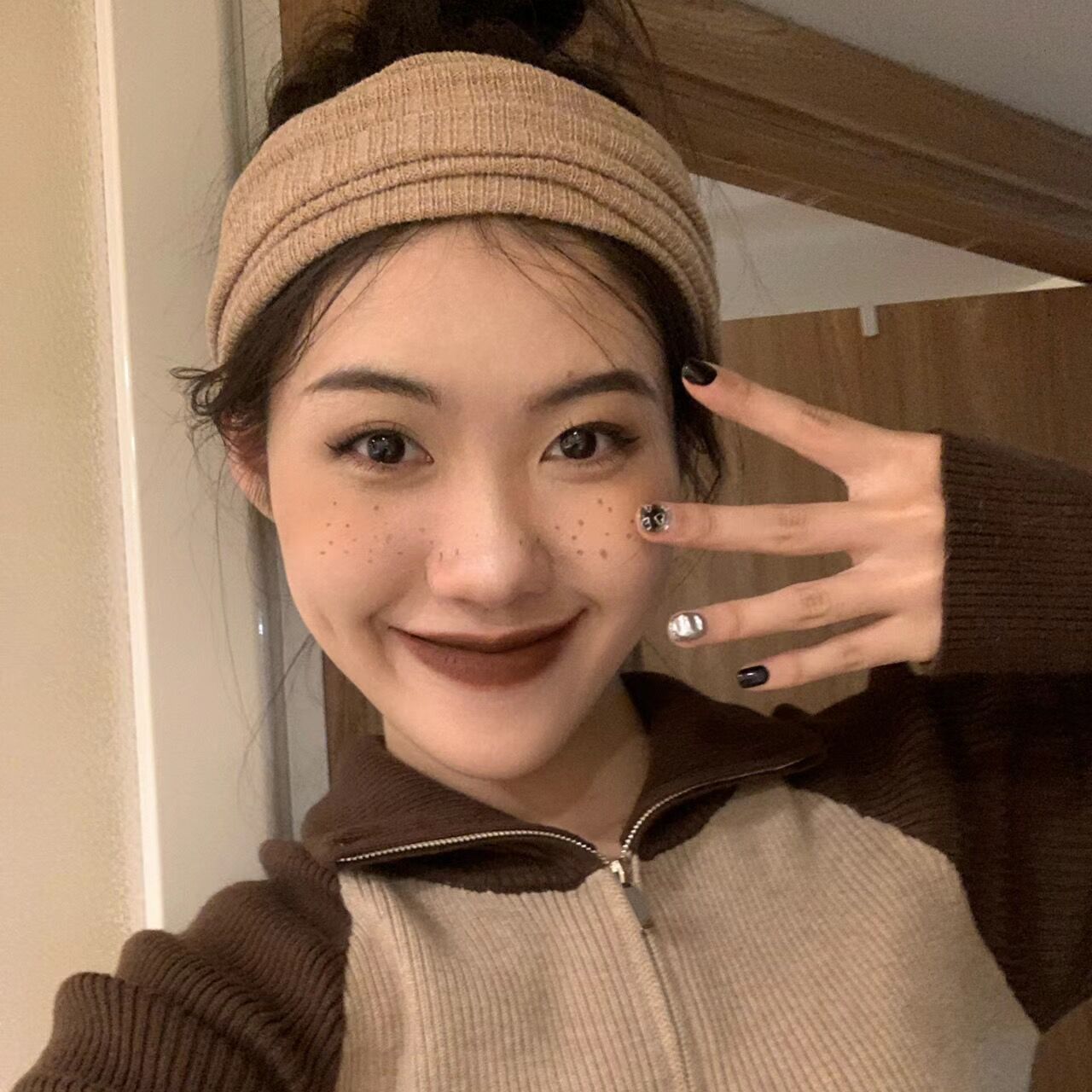 日系头饰条纹针织毛线头巾帽围脖