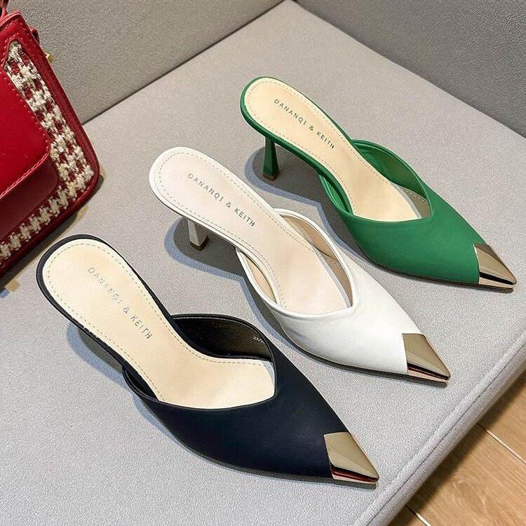 名媛气质包头半拖鞋外穿新款穆勒法式少女金属尖头细跟高跟凉拖鞋