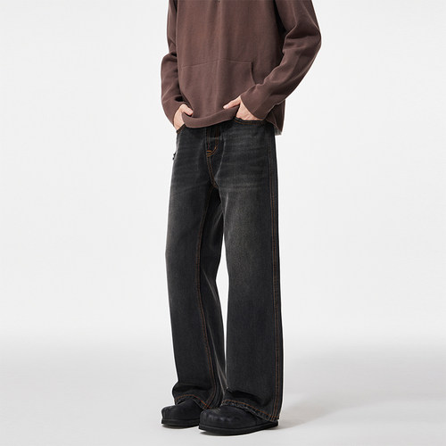 JIINOO黑灰色复古水洗牛仔裤