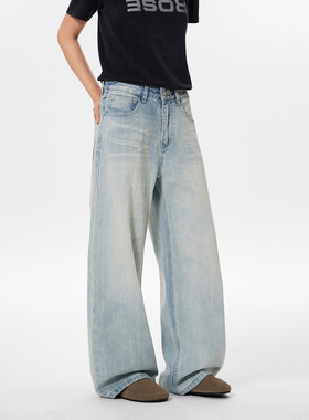 JIINOO美式奶油湖水蓝Baggy宽松自然水洗猫须蜂窝A字竹节牛仔裤