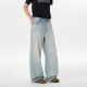 JIINOO美式 奶油湖水蓝Baggy宽松自然水洗猫须蜂窝A字竹节牛仔裤
