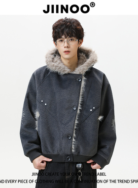 JIINOO美式座山雕毛领棉服男女冬季加绒加厚700g仿兔绒连帽外套
